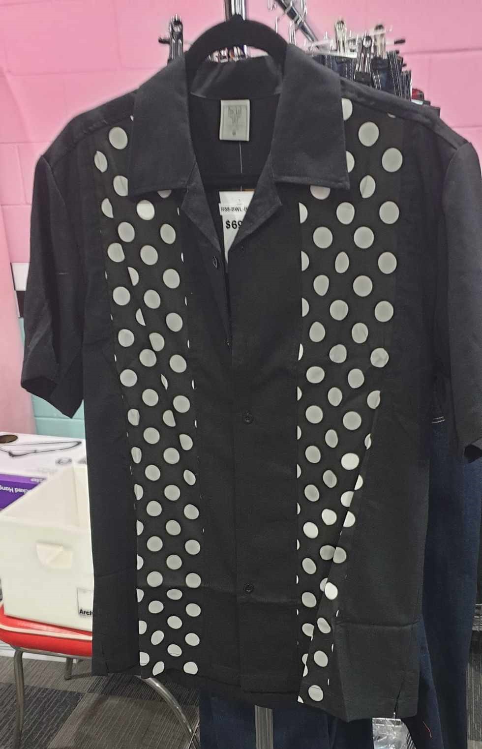 Double Panel Bowling Shirt – Black and White Polka Dot - Click Image to Close