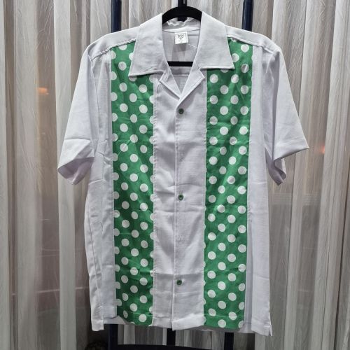 Double Panel Bowling Shirt – Green and White Polka Dot
