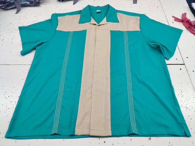T Panel Vintage Bowling Shirt - Teal/Cream