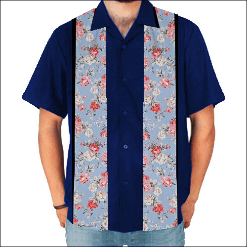 Double Panel Bowling Shirt - Blue Vintage Floral
